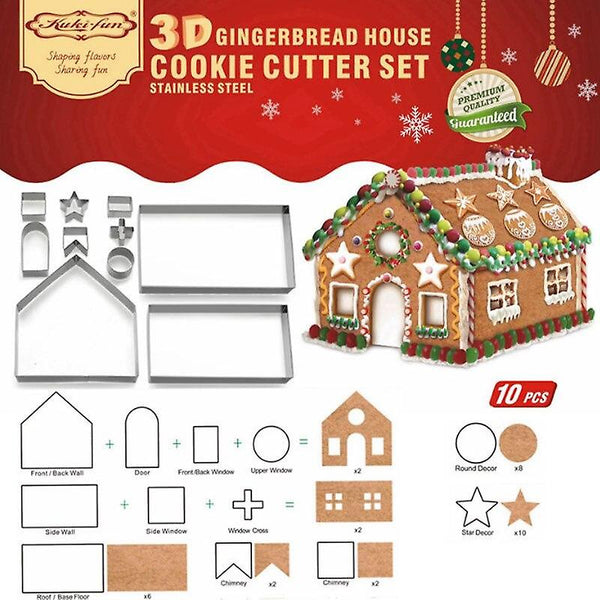 Kitchen molds 10pc 3d gingerbread house cookie cutters set stainless steel christmas scenario biscuit mold