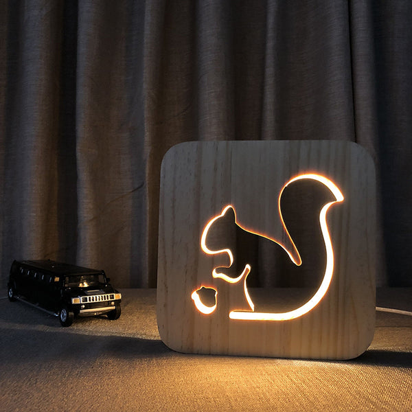 LED Wooden Carving Night Light USB Power Squirrel Pattern T1801W